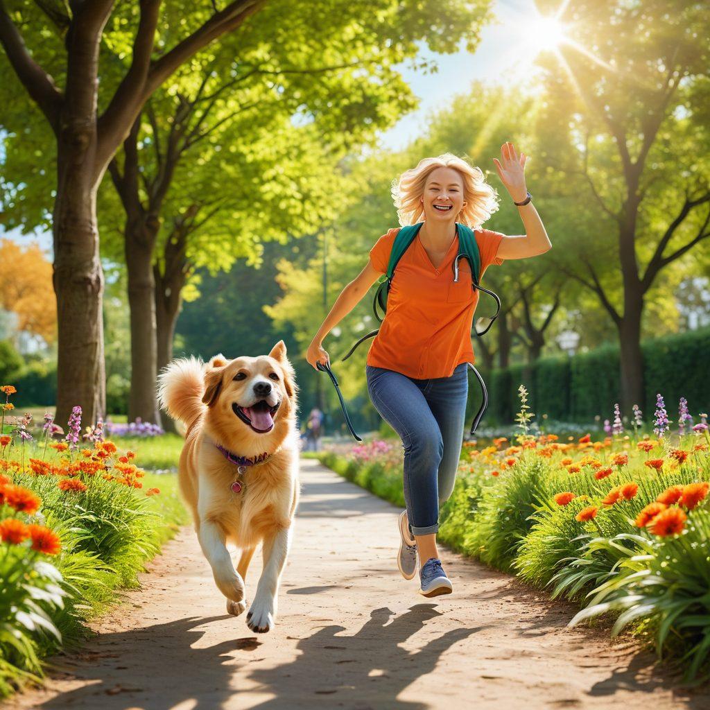 A joyful dog with its owner in a sunny park, showcasing a happy interaction filled with playfulness. Include symbols of wellness, like a stethoscope or medical cross, integrated into the vibrant scenery to represent tailored insurance plans. Surround them with nature elements to emphasize health and vitality. vivid colors. super-realistic. warm and inviting atmosphere.