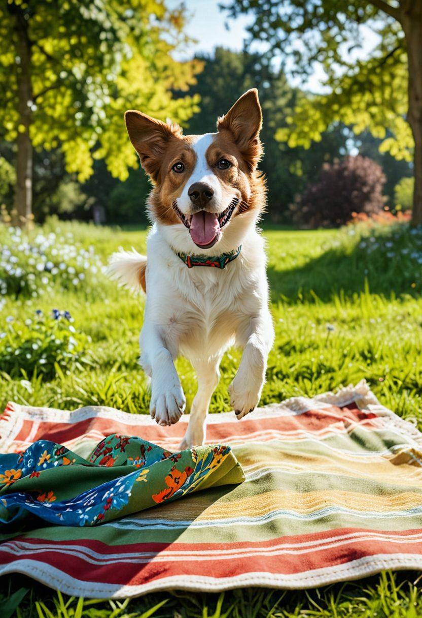 A photographer capturing a joyful dog jumping in a lush green park, surrounded by soft sunlight and vibrant wildflowers. Nearby, a secure document folder labeled 'Insurance' rests on a picnic blanket, symbolizing the merging of dog photography and pet insurance. The scene embodies joy, adventure, and security, inviting viewers to explore the topic. super-realistic. vibrant colors. sunny atmosphere.