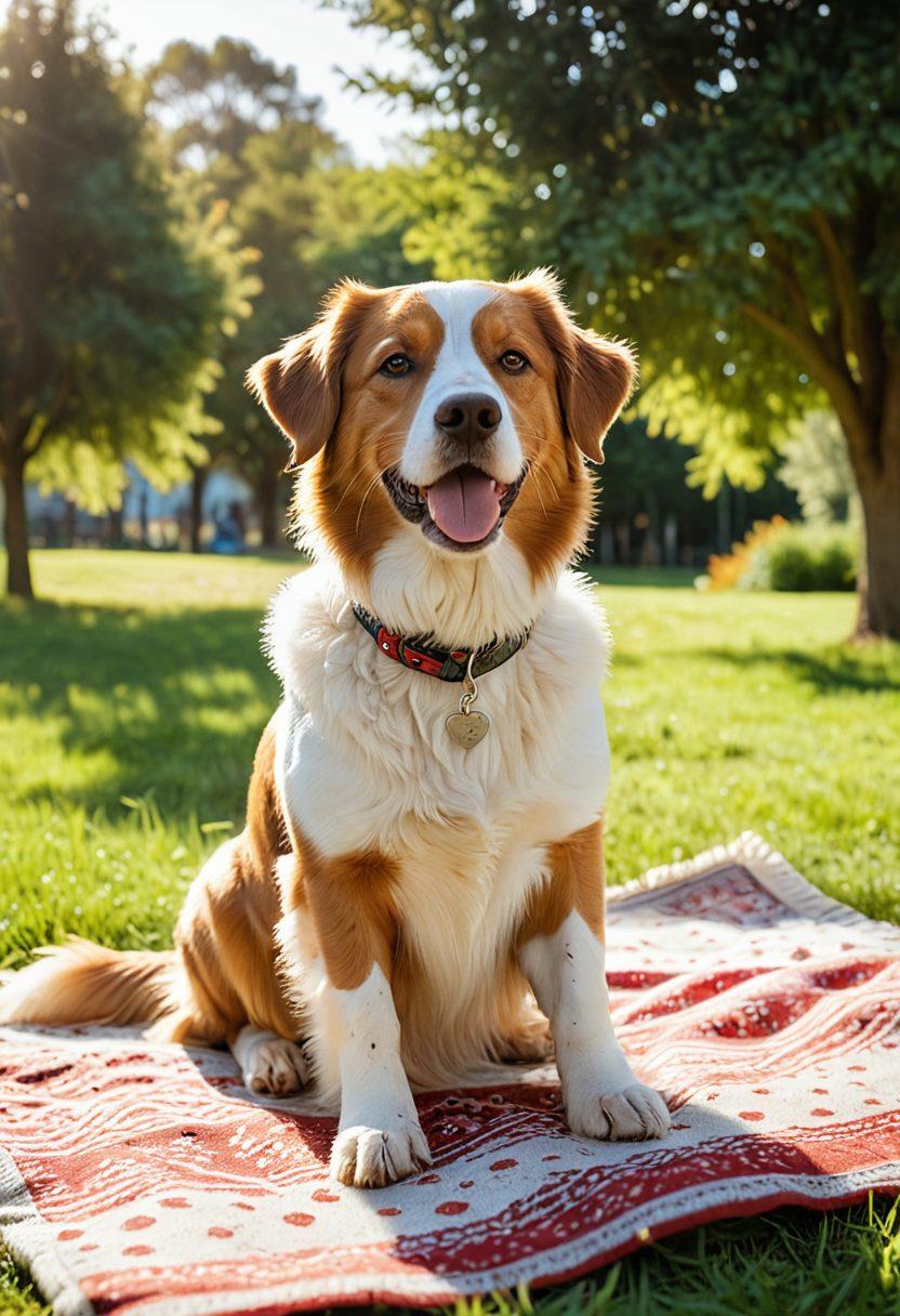 A heartwarming scene of a playful dog being photographed in a sunlit park, surrounded by lush green grass and colorful flowers. A camera and photo props are scattered on a blanket nearby, while a pet owner kneels, capturing the joyful moment. Soft, warm lighting enhances the connection between the pet and owner. super-realistic. vibrant colors. summer day.